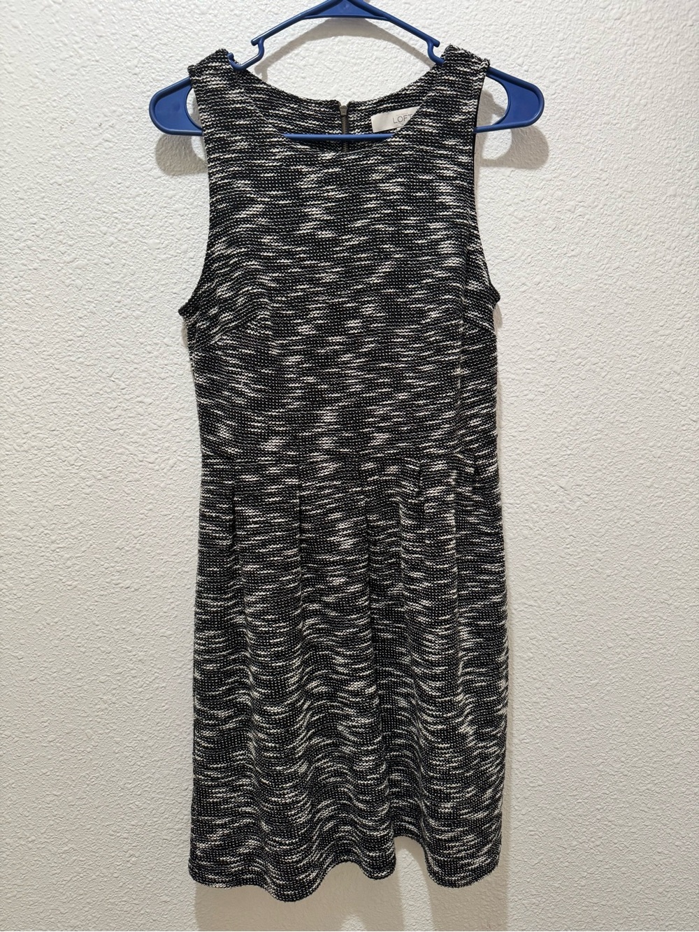 LOFT Black and White Marled Knit Sleeveless Pleated Dress